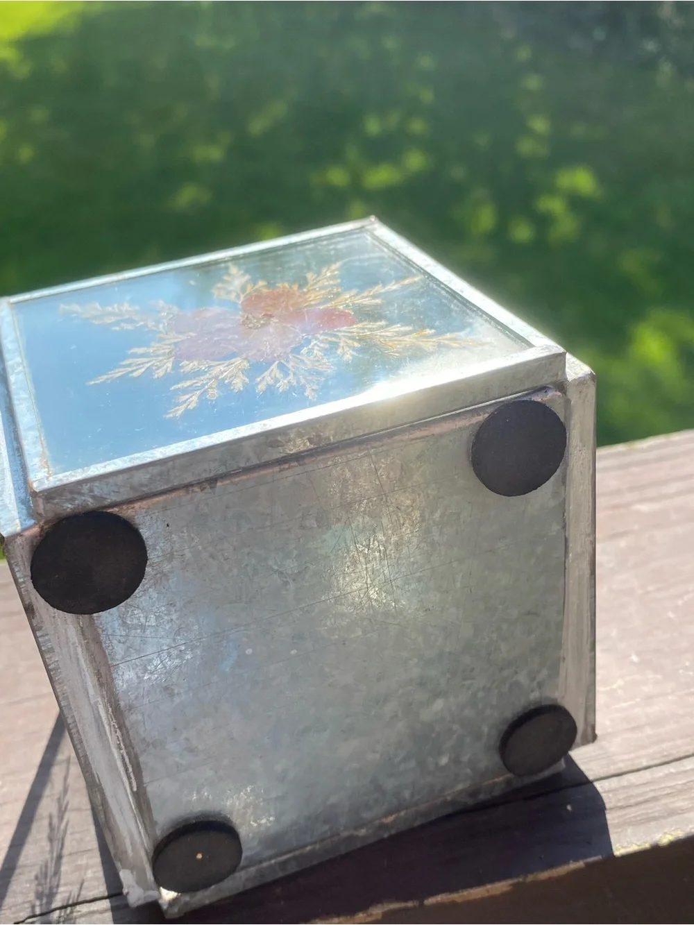 Glass Floral Accent Cube - Clear with Gold & Red Leaf Motif